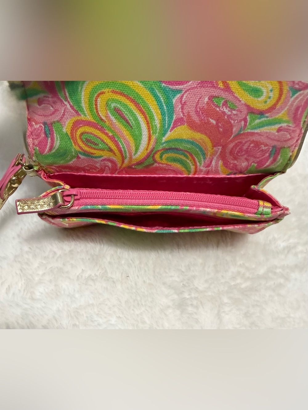 Lilly Pulitzer It's A Keeper Canvas Wristlet Wallet Pink Green Paisley Gold - Picture 8 of 11